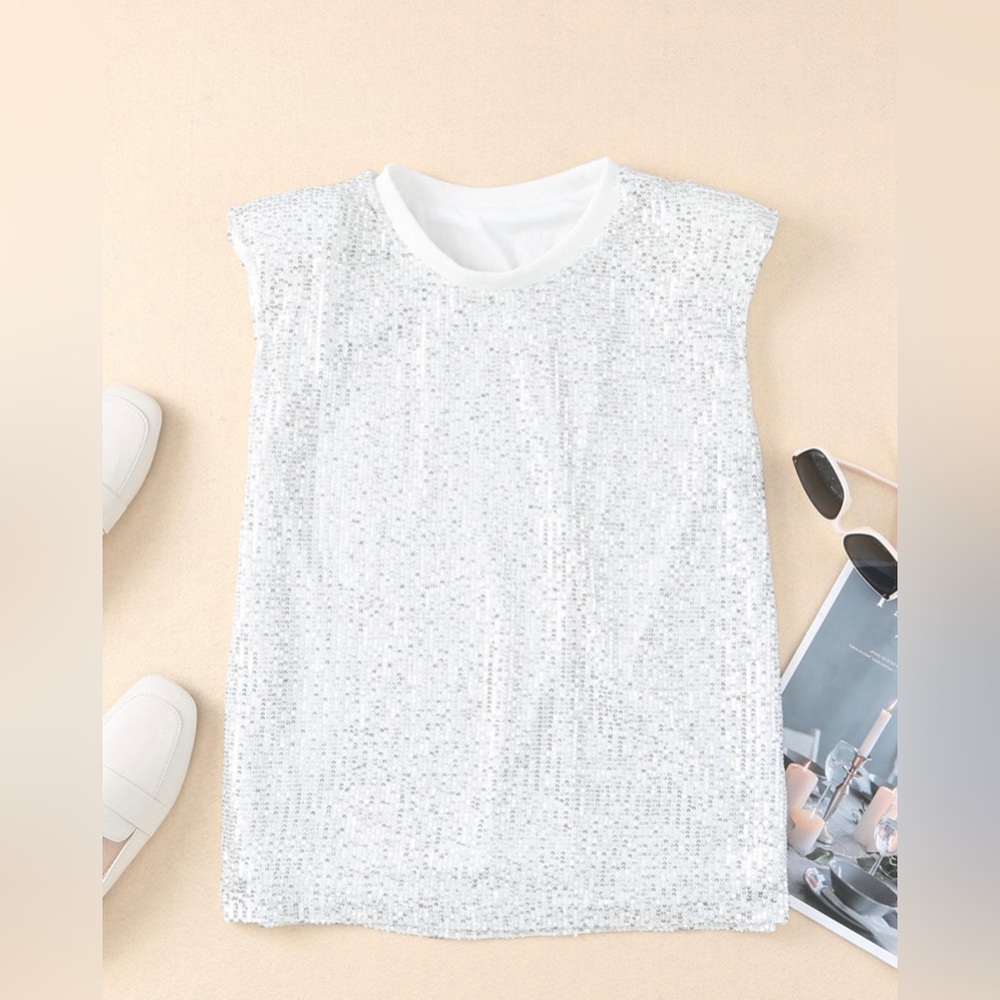 #27 White All Sequin Sleeveless Top - Picture 6 of 10
